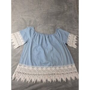 Taxi Women Plus Size 3X Blue Chambray Crochet Lace Trim Off Shoulder Boho Top